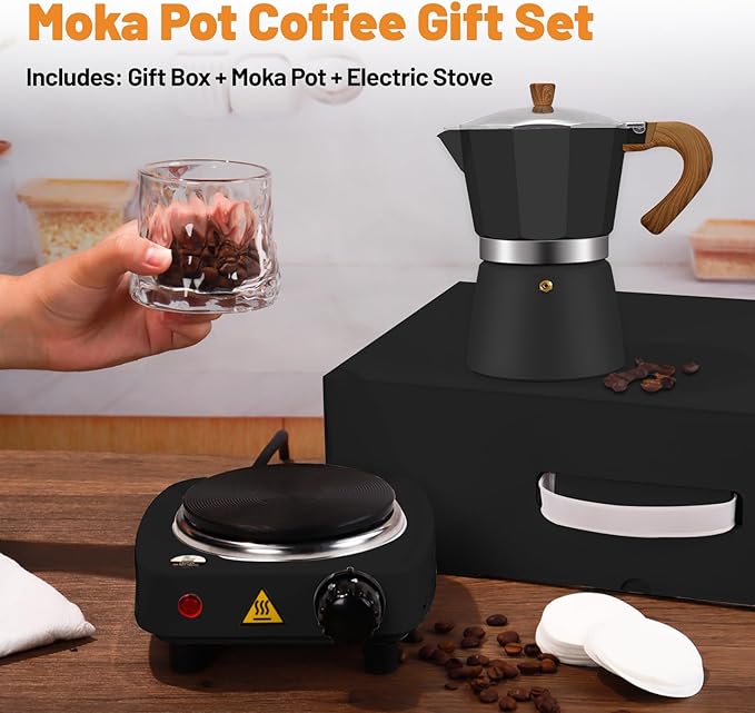 2-in-1 Aluminum Moka Pot Set with Electric Stove Classic Stovetop Espresso Coffee Maker 150ml 5oz Mocha Express Portable Camping Travel Preferred Cafe Makers Italian Cuban Café Brewing 3 Cup
