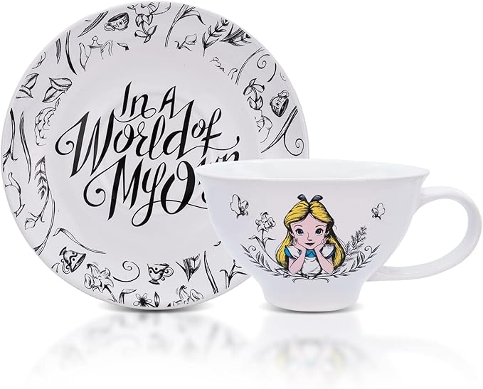 Disney Alice In Wonderland World of My Own 12-ounce Ceramic Teacup and Saucer Set | Tea Party Gift Set For Coffee, Espresso, Mocha, Latte | Cute Gifts and Collectibles