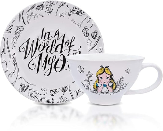 Disney Alice In Wonderland World of My Own 12-ounce Ceramic Teacup and Saucer Set | Tea Party Gift Set For Coffee, Espresso, Mocha, Latte | Cute Gifts and Collectibles
