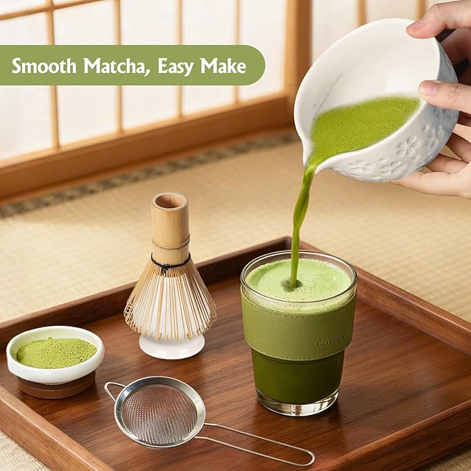 Matcha Whisk Tea Set Kit: Japanese Matcha Kit - Ceramic Bowl Bamboo Whisk Chasen Holder spoon Measuring Scoop Sifter - Traditional Practical for Tea Ceremony Breakfast Lattes - Home Kitchen Christmas