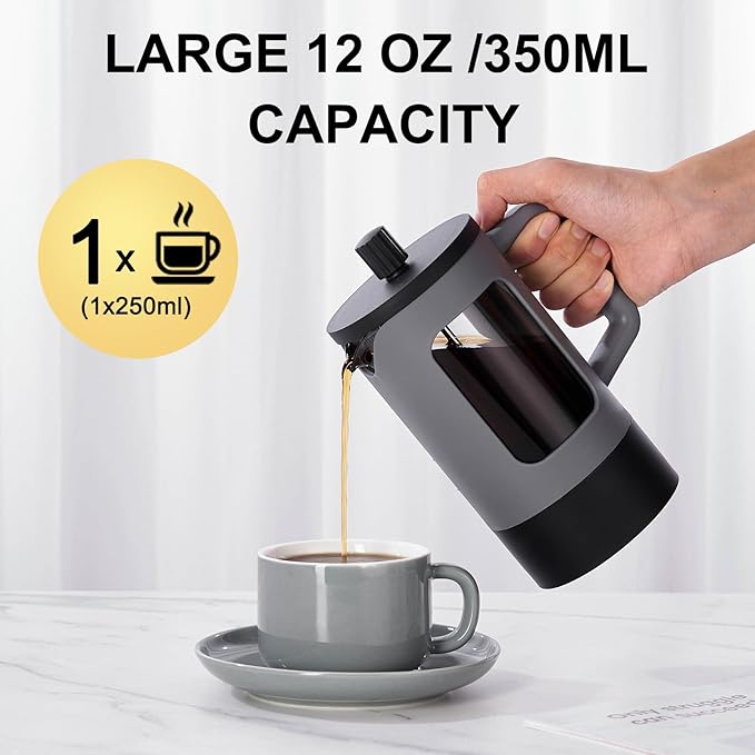 YOLIFE French Press Coffee Maker (12 oz), Camping Mini Coffee Press, Single Cup French Press, Heat-resistant Borosilicate Glass, Portable for Travel, Grey and Black