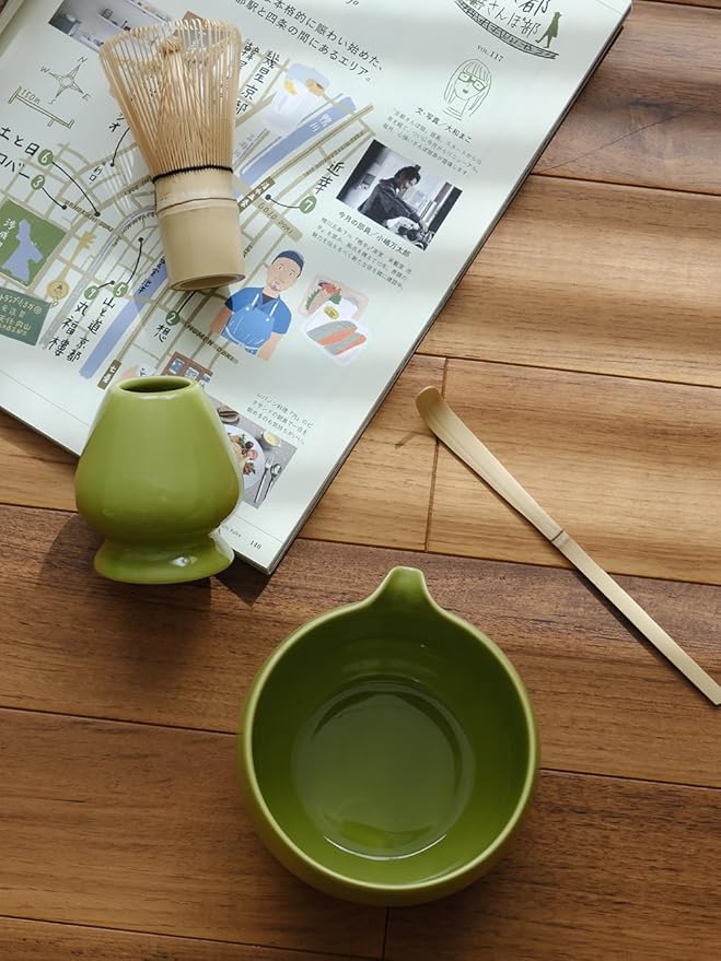 Matcha Whisk Set, Ceramic Matcha Bowl & Whisk Holder, Bamboo Accessory, Modern Design (Matte Crème, Pouring Spout) (Avocado Green)