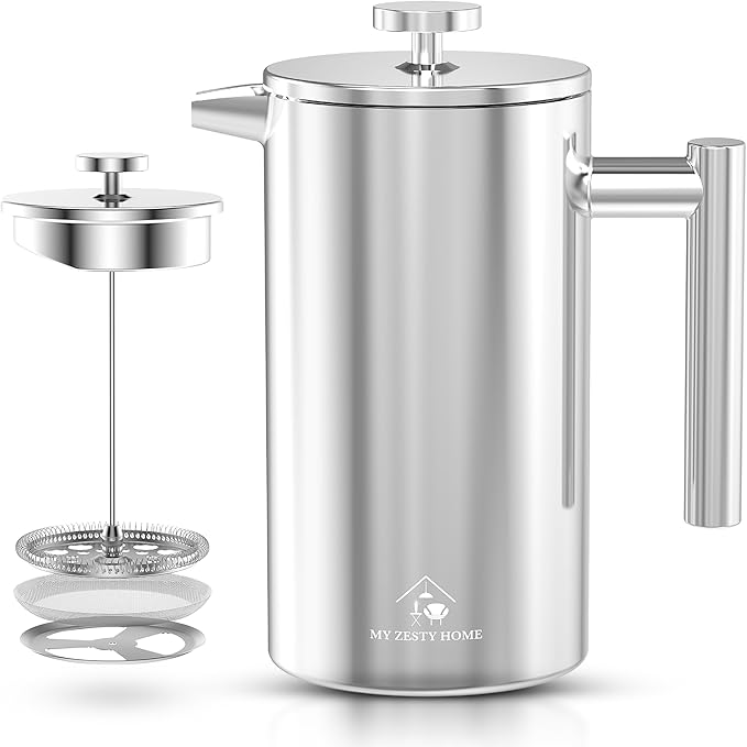 French Press Coffee Maker 304 Stainless Steel 34 Oz Large Double-Walled Insulated French Press 3 Level Filtration System For Kitchen, Camping & Gifting in Premium Box - Dishwasher Safe