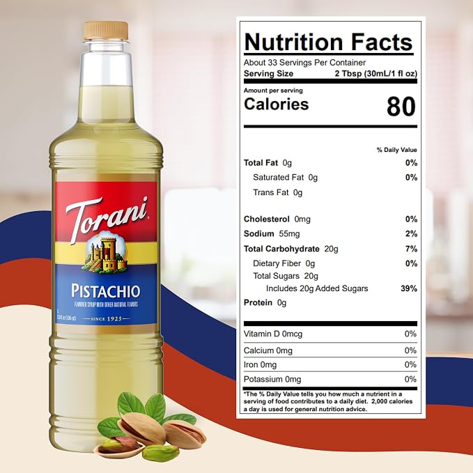 Torani Pistachio Coffee Syrup 1 Liter Bottle with Pump Dispenser – Flavored Syrup with Pure Cane Sugar & Natural Pistachio Essence – Perfect for Lattes, Desserts & Cocktails - Image 2