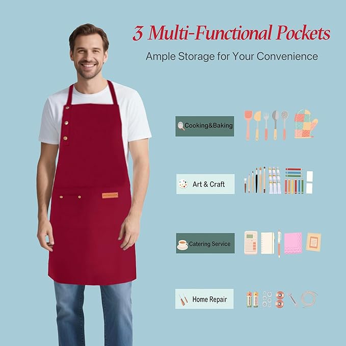 Kitchen Cooking Apron for Women Men Water-Resistant Artist Barista Baking Craft Catering Work Bib with Large Pockets