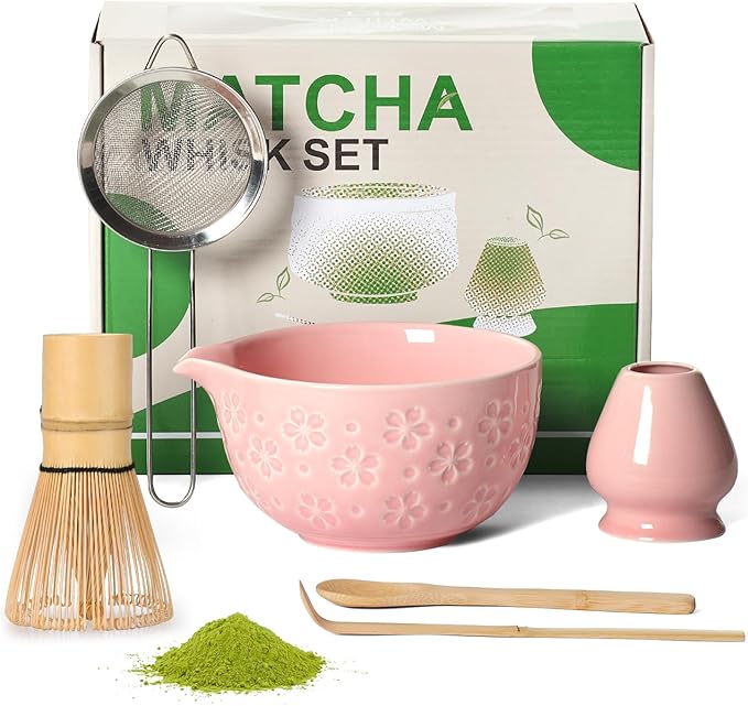 Matcha Whisk Tea Set Kit: Japanese Matcha Kit - Ceramic Bowl Bamboo Whisk Chasen Holder spoon Measuring Scoop Sifter - Traditional Practical for Tea Ceremony Breakfast Lattes - Home Kitchen Christmas