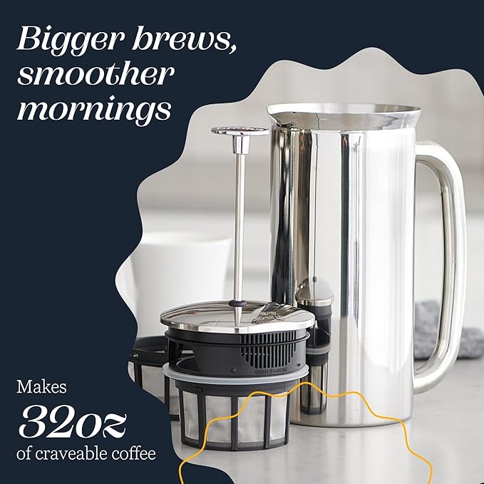 ESPRO P7 Polished French Press Stainless Steel 304 – Patented Double Walled Micro-Filter Insulated French Press Coffee Maker, Grit-Free Brew - Heat Resistant BPA Free (18oz)