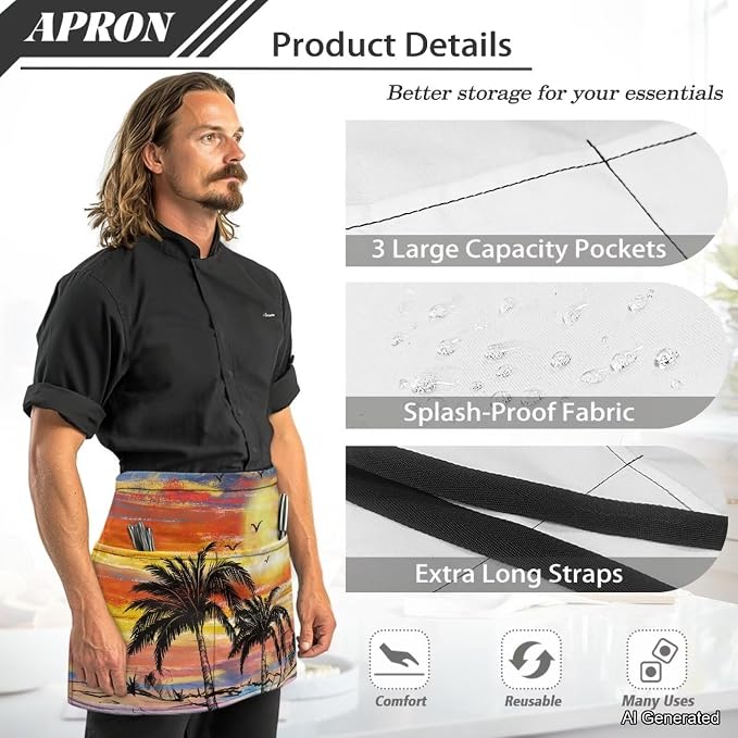 Server Apron with 3 Pockets 13 Inch Short Half Waist Aprons Waterproof Cooking Aprons for Women Men - Image 6