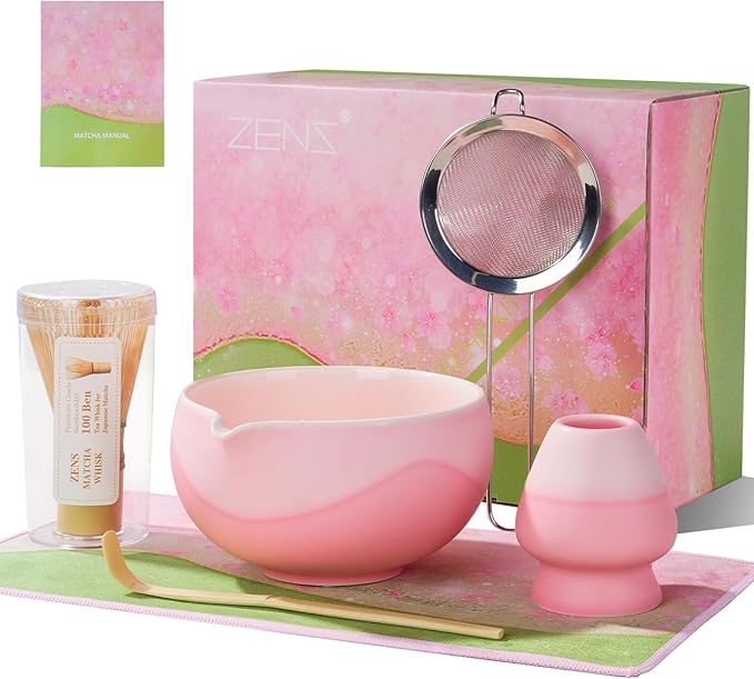 ZENS Matcha Whisk Set, Ceramic Matcha Kit Set Includes Matcha Bowl, Matcha Whisk and Holder, Bamboo Scoop & Holder, 304 Sifter and Tea Mat - 6Pcs Matcha Kit for Matcha Lovers-Pink