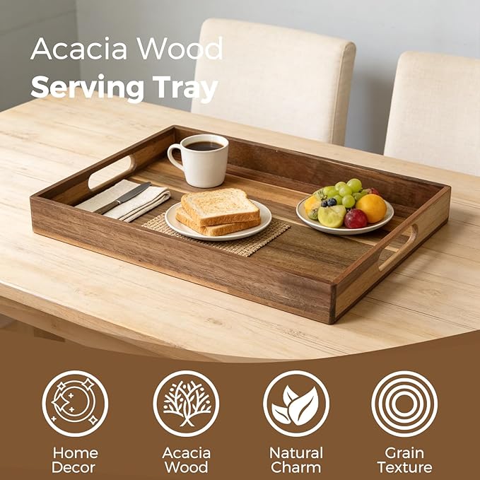 Acacia Wood Serving Tray with Handles, 17 Inch Wooden Tray for Ottoman, Breakfast, Lunch, Dinner, Decorative Rectangular Tray for Living Room, Kitchen Counter, Outdoor