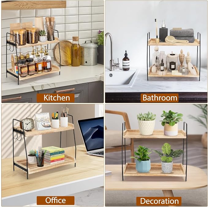 2-Tier Coffee Station Organizer for Countertop, Wooden Coffee Bar Organizer with 2 Cup Hooks, Countertop Storage for Bathroom, Kitchen, Holiday Decorations - Image 7