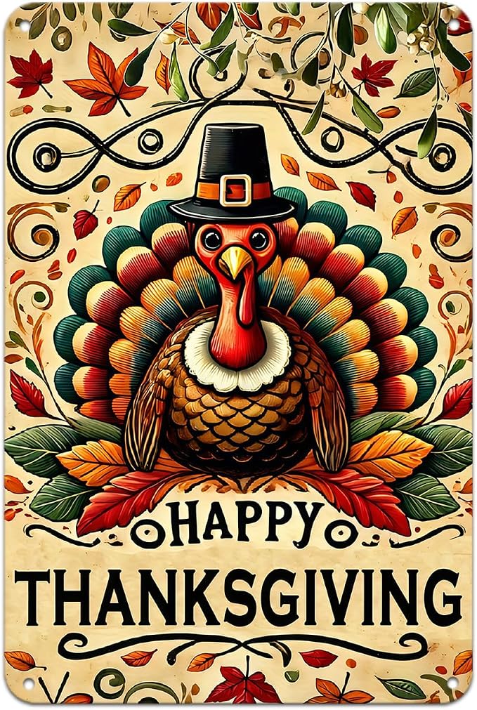 Happy Thanksgiving Sign Vintage Turkey tin Sign Fall Wall Decor Metal Signs for Home Bedroom Living Room Bar Cafe Yard Garden Holiday Decor Gift 08×12 Inch by Unknown