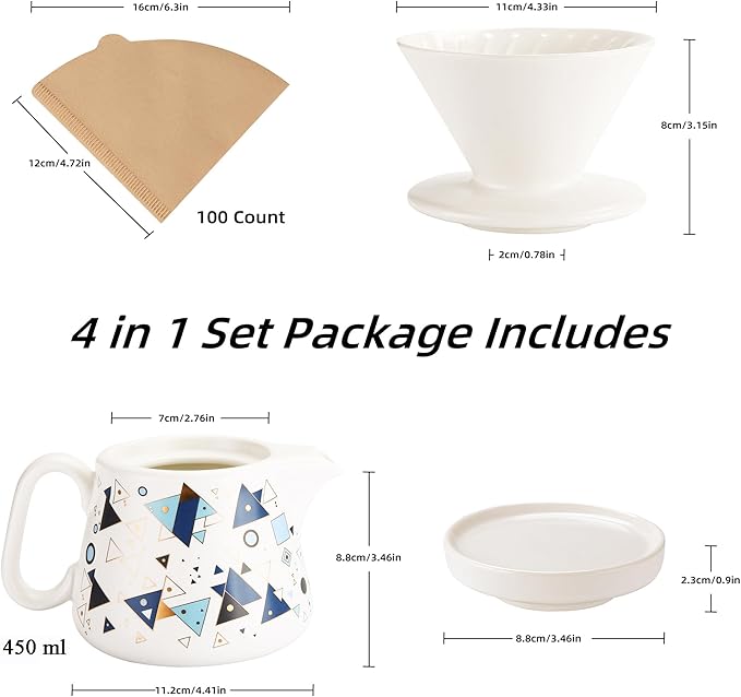 Pour Over Coffee Maker, Ceramic Coffee dripper with 100 pcs Paper Filter, Ceramic coffee Server with Lid, 15.5oz/450 ml, Suitable for 1-2 people (White A)