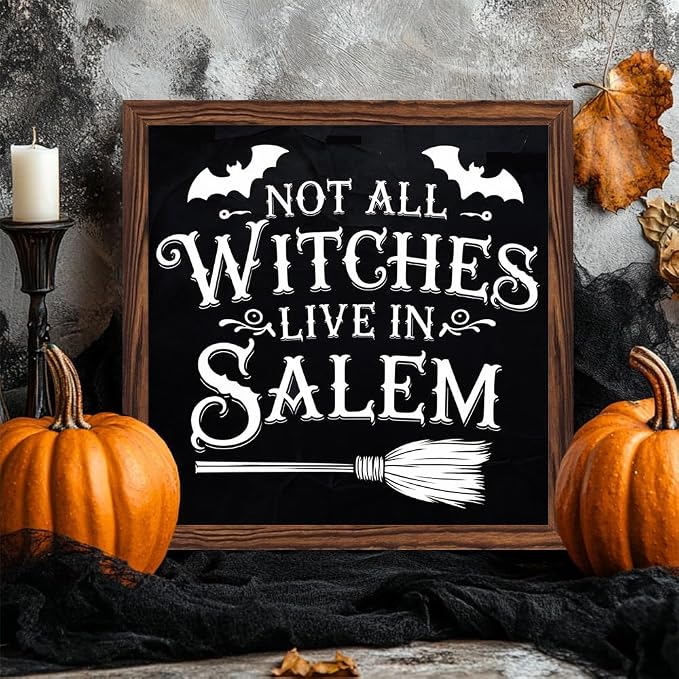 Halloween Theme Decorative Sign Not All Witches Live In Salem Wooden Sign, With Frame Witch Broom Sign for Home Kitchen, Cafe, Bedroom Halloween Decor 7.87x7.87 Inch - Image 2