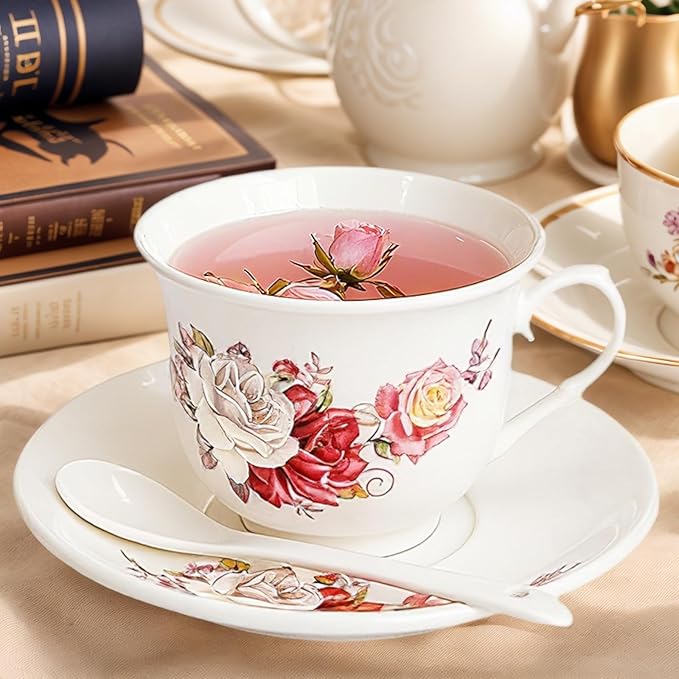 Tea Cups and Saucers Set of 6, 6 Oz Porcelain Floral Tea Cups with Spoon, Bone China Coffee Cup Saucer Gift Set for Cappuccino, Espresso, Latte, Cafe Mocha, Microwave Safe