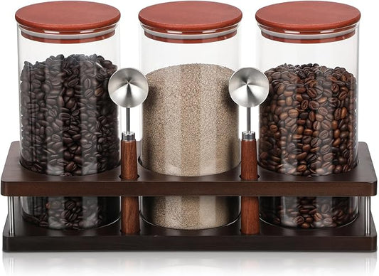 Suclain 3 Pcs Glass Coffee Bean Container 44 oz Airtight Coffee Canister with Shelf and Measuring Spoon Kitchen Food Canister Jar for Sugar Candy (Classic Style, Wood, Glass, Stainless Steel)
