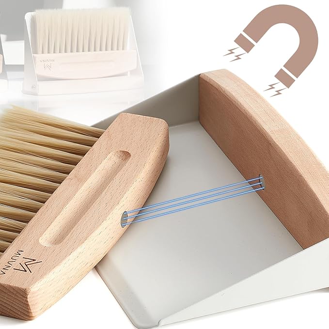Small Coffee Brush and Dustpan Set - Magnetic Hand Solid Wood Soft Bristles, Barista Cleaning Tool for Espresso Machine, Coffee Grinder, Home Kitchen Countertop, Silver