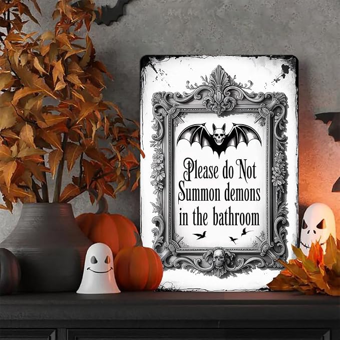 Halloween Bathroom ''Please Do Not Summon Demons In The Bathroom'' Metal Tin Sign - 8x12 Inch, Gothic Bat Art Sign For Toilet, Cafe, Garage, Office Decor, Halloween Accessories, Halloween Decor - Image 7