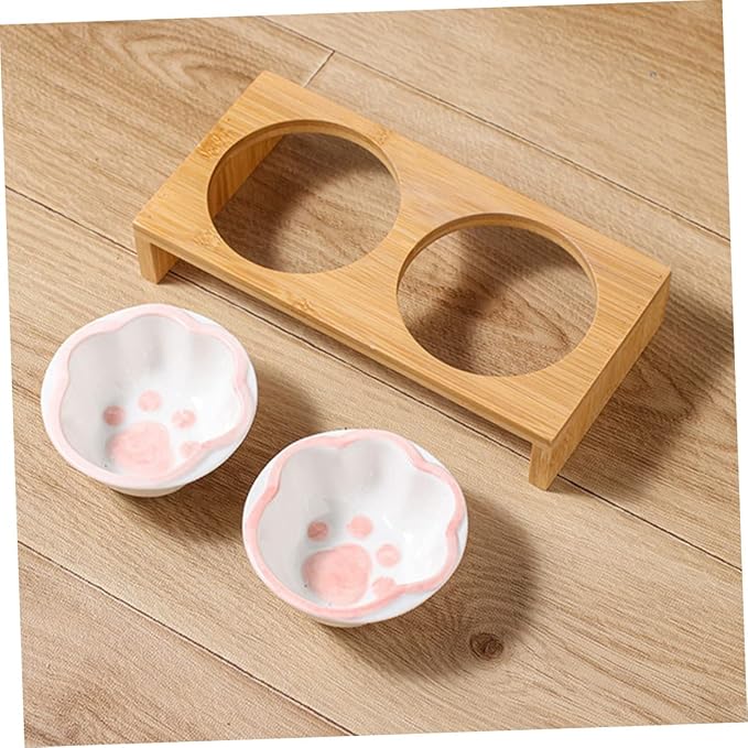 Bamboo Elevated Cat Bowl Ceramic Material Whisker-Friendly Bowl for Kitten Vomiting Relief