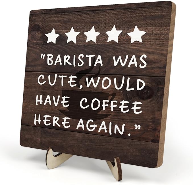 Coffee Bar Sign Plaque Decor,Coffee Bar Accessories,Rustic Wooden Tabletop Plaque with Stand, Minimalist Farmhouse Kitchen Counter Sign,Cute Mini Café Bar Decor Gift 5.9x5.9Inch