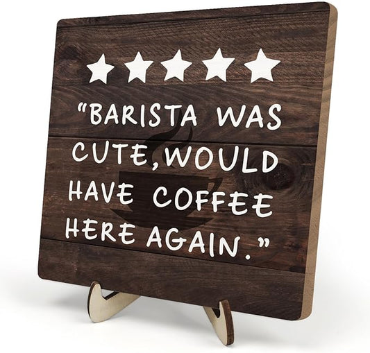Coffee Bar Sign Plaque Decor,Coffee Bar Accessories,Rustic Wooden Tabletop Plaque with Stand, Minimalist Farmhouse Kitchen Counter Sign,Cute Mini Café Bar Decor Gift 5.9x5.9Inch