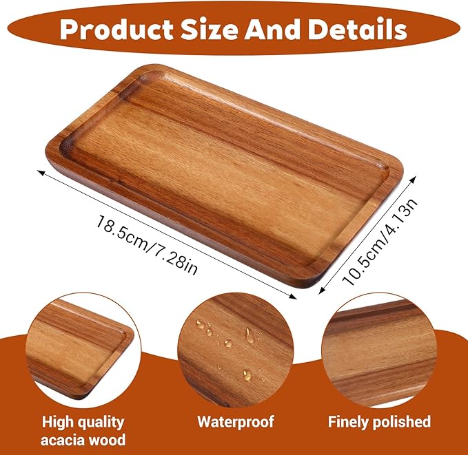 Small Wood Tray, Rectangle Wooden Trays for Decor, 7.28x4.13in Acacia Wood Tray for Home Decor, Bathroom, Kitchen Counter Charcuterie Boards Cheese Board