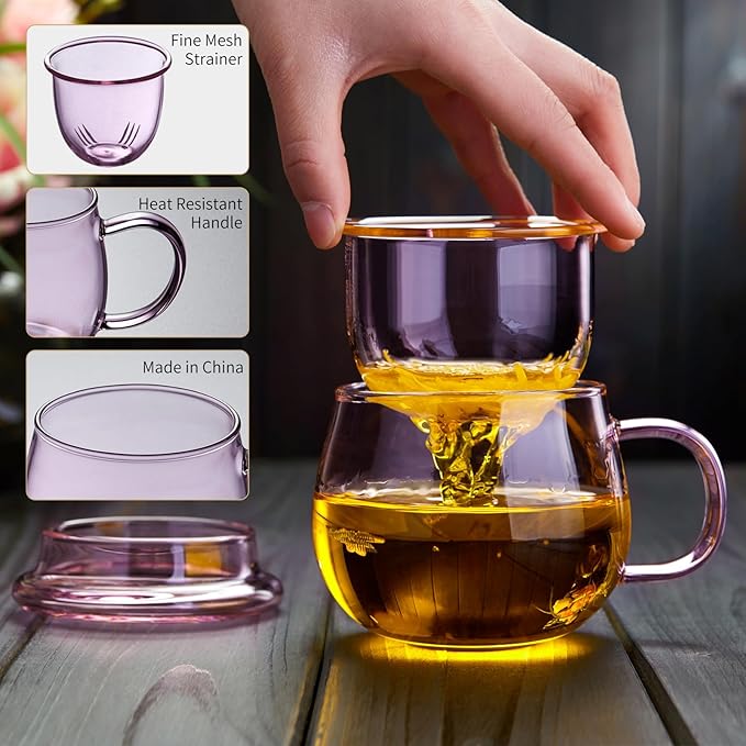 11oz Pink Glass Tea Cup with Infuser and Lid– Versatile and Elegant Gift for Women, Perfect for Loose Leaf Tea and Other Beverages.