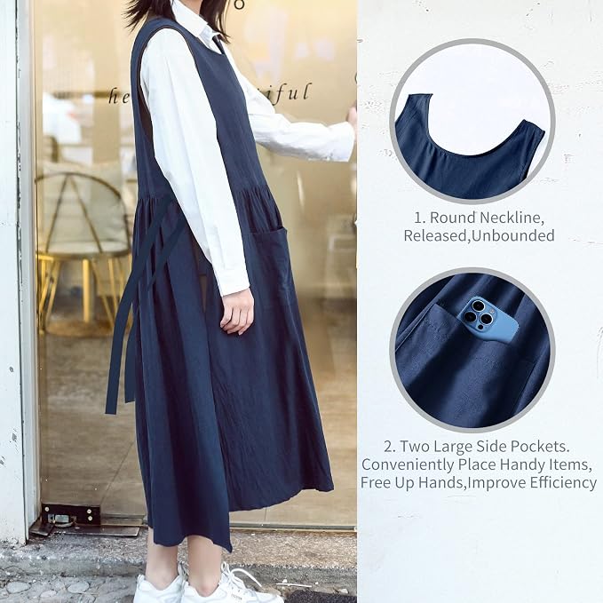 Premium Plus Size Apron with Pockets Adjustable Waistline Bib Apron,Soft Cotton Blend Apron Pinafore Dress for Baking Cooking Gardening(XL,Navy Blue) - Image 3