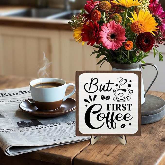 Coffee Bar Sign Plaque, Coffee Bar Accessories,Rustic Farmhouse Cafe Sign for Kitchen Office,Wooden Tabletop Plaque with Stand,Cute Mini Café Bar Decor Gift 5.9x5.9inch