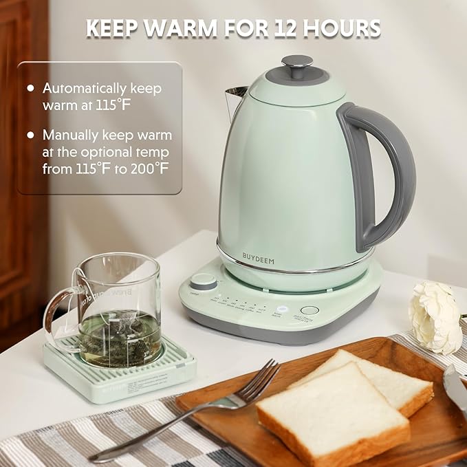 BUYDEEM K740 Electric Kettle with Temperature Control, 12H Keep Warm, Quick Boil, Stainless Steel Hot Water Boiler for Tea Coffee Milk, 1.7L, Cozy Greenish