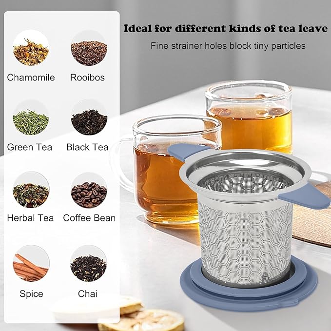 Tea Infuser for Loose Leaf Tea, Extra Fine 304 Stainless Steel Tea Strainer Stepper with Heat-Resistant Silicone Handles and Lid, Large Capacity Tea Basket Filter for Mug, Cup (Silver)