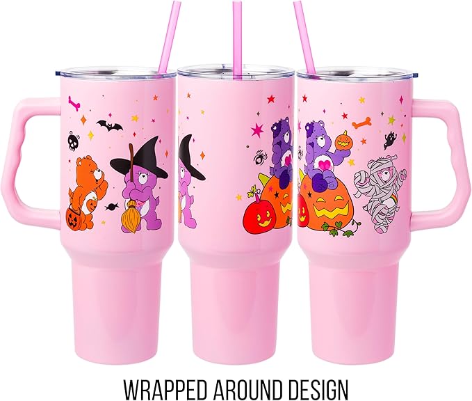 Silver Buffalo Care Bears Featuring Harmony Bear, Cheer, Share Bear, and Trick-or-Sweet Halloween Double Walled Stainless Steel Tumbler with Handle and Straw, Fits in Standard Cup Holder, 40 Ounces