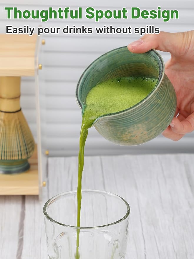 Matcha Whisk Set with Bamboo Tray - Bowl with Spout, Whisk and Holder, Bamboo Scoop, Sifter, Japanese Matcha Kit Tea Ceremony Gift for Women