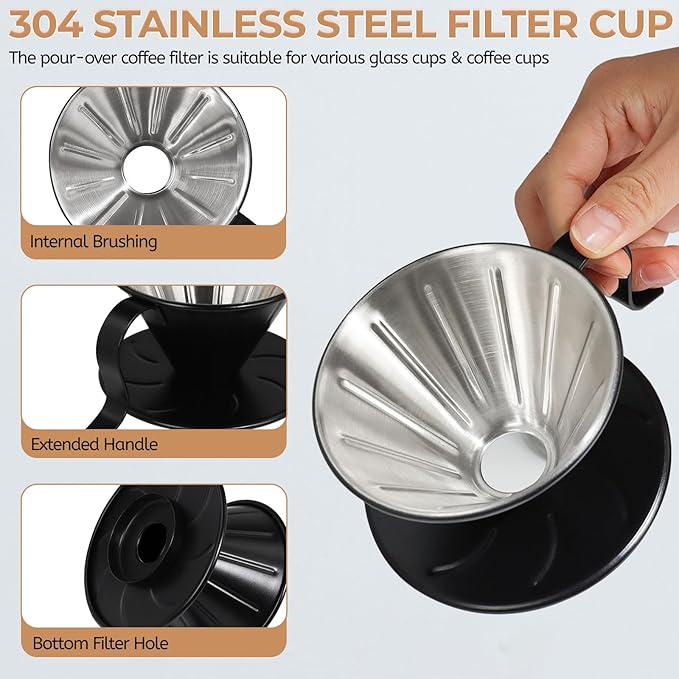 Pour Over Coffee Maker 300ml Portable Cup 304 Thickened Stainless Steel Drip Coffeemaker Set with 50pcs V60 Cone Paper Filters Hand Brew Dripper Carafe for Home Camping Travel 10.2oz Black