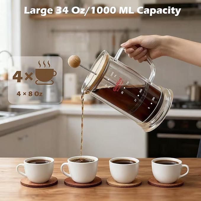 34-Ounce plastic free French Press Coffee Maker, Double Wall Glass coffee press, Stainless Steel Filter and Shaft, Bamboo Knob and Lid, Heat-Resistant tea french press no plastic large tea maker