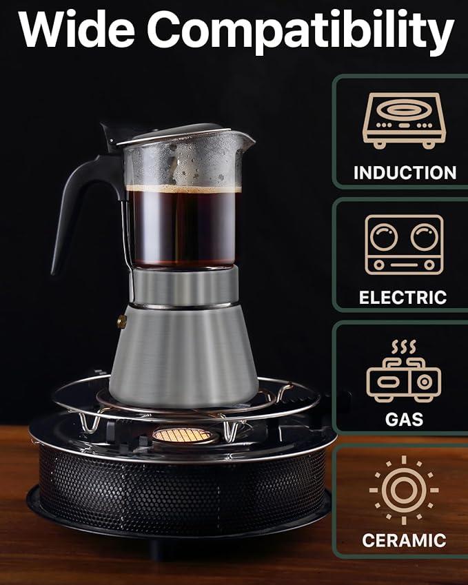 Grasseed Crystal Glass-Top Moka Pot, Polished Stainless Steel Stovetop Espresso Maker for Italian Coffee, Gift for Coffee Lovers - 9 Cup/360ml/12.6oz
