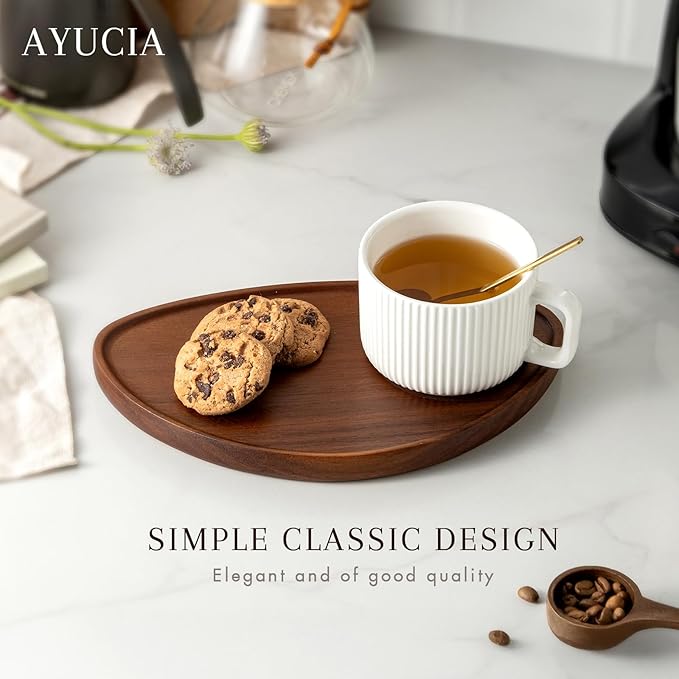 Tea Cup and Saucer Set, 8OZ Cappuccino Cup with Acacia Serving Saucer and Spoon, White Cream Ceramic Coffee Mug with 9.4inch Wooden Plate for Latte Dessert Breakfast