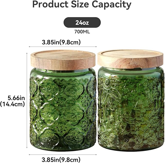 Glass Jar with Lid, Vintage Glass Storage Jars with Airtight Lid Coffee Canister Sugar Container for Kitchen Counter Pantry, Spice, Candy, Coffee Beans, Tea, Cookie (24 FL OZ Green Begonia)