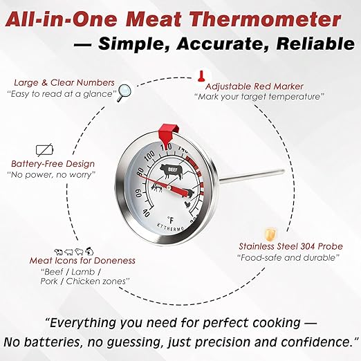 Meat Thermometer for Oven, Analog Leave-in with Adjustable Red Target Indicator, 2-Inch Dial with Meat Icons, 4.3-Inch 304 Stainless Steel Probe, 40-220°F for Beef Poultry Pork Lamb Seafood