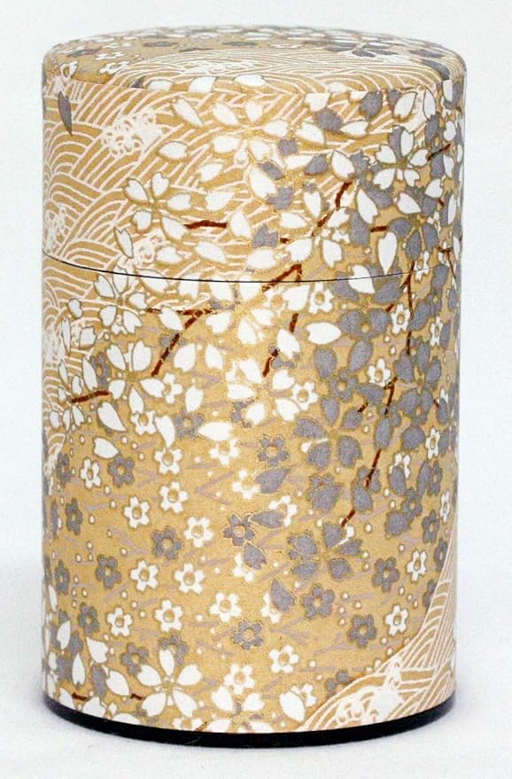 Washi Paper Tea Tin Canister: Long 3.5oz (100g) Cherry Bloosom with Champagne (#128), Japan