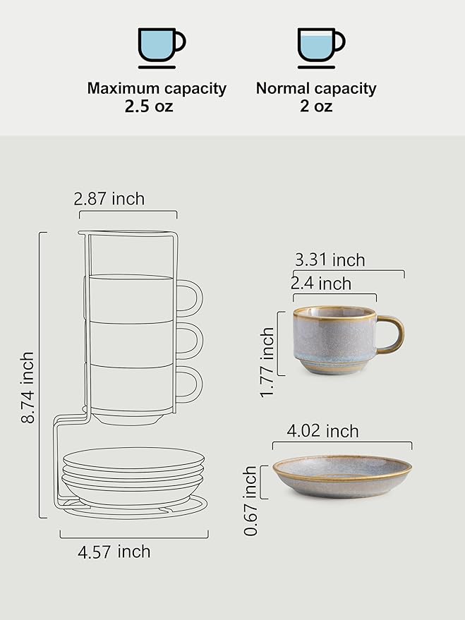 Gomakren 2.5 Ounce Espresso Cups Set of 4, Small Stackable Coffee Cups with Saucers and Metal Stand, Valentine Porcelain Demitasse Cups for Specialty Coffee Drinks, Espresso, Cappuccino, Latte, Gray