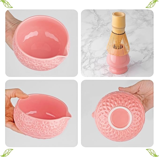 Matcha Whisk Set- Matcha Set includes Matcha Whisk and Bowl with Spout, Sifter, Holder and Scoop- The Perfect Bamboo Whisk for Matcha Tea (Pink Flowers)