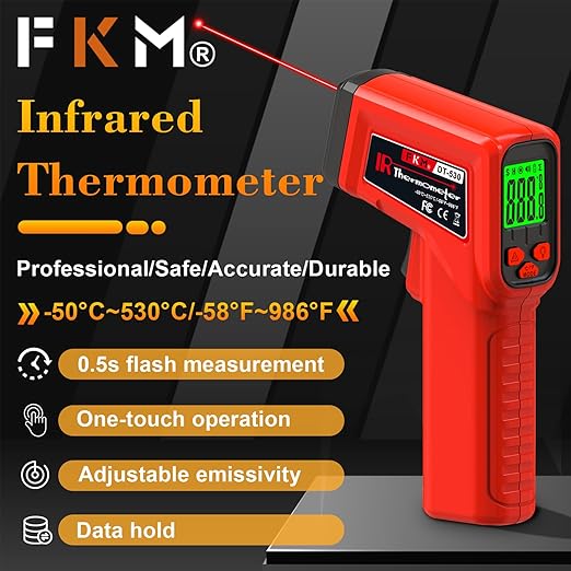 FKM Laser Thermometer Gun Non-Contact Infrared Temperature Gun,-58°F~986°F(-50°C~530°C) AdjustableEmissivity,Digital Thermometer Gun for Industrial,Kitchen Cooking,Oven,Automotive,HVAC,Not for Human