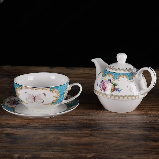 fanquare English Porcelain Tea for One Set, Floral Teapot with Cup, Blue Tea Cup and Saucer Set