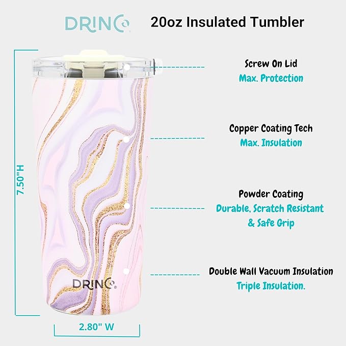Drinco - 20 oz Stainless Steel Tumbler | Double Walled Vacuum Insulated Mug With Lid, 2 Straws, For Hot & Cold Drinks (20oz Rosa Gold)