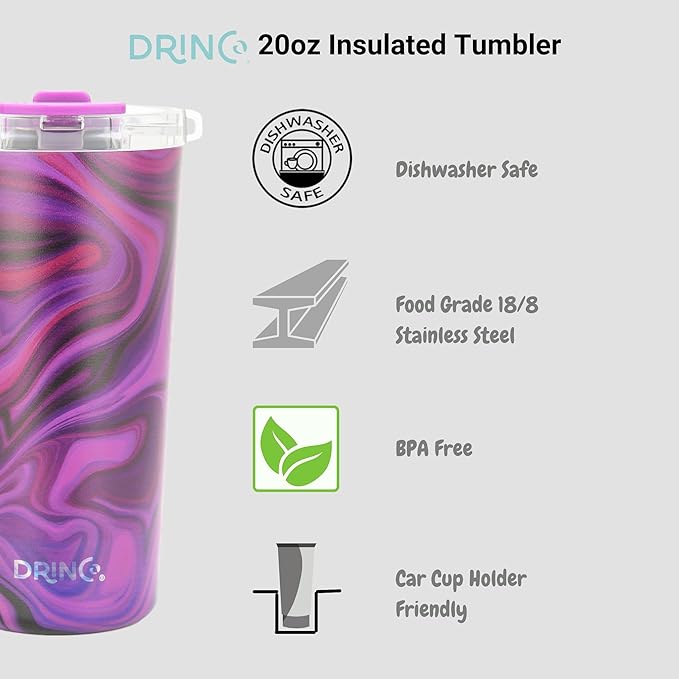 Drinco - 20 oz Stainless Steel Tumbler | Double Walled Vacuum Insulated Mug With Lid, 2 Straws, For Hot & Cold Drinks (20oz Purple Swirl)