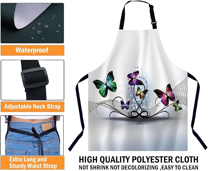 Colorful Butterflies Abstract Kitchen Apron for Women Men, Unisex Adjustable Cooking Apron, Waterproof Apron for Home Kitchen, Restaurant, Coffee House - Image 3