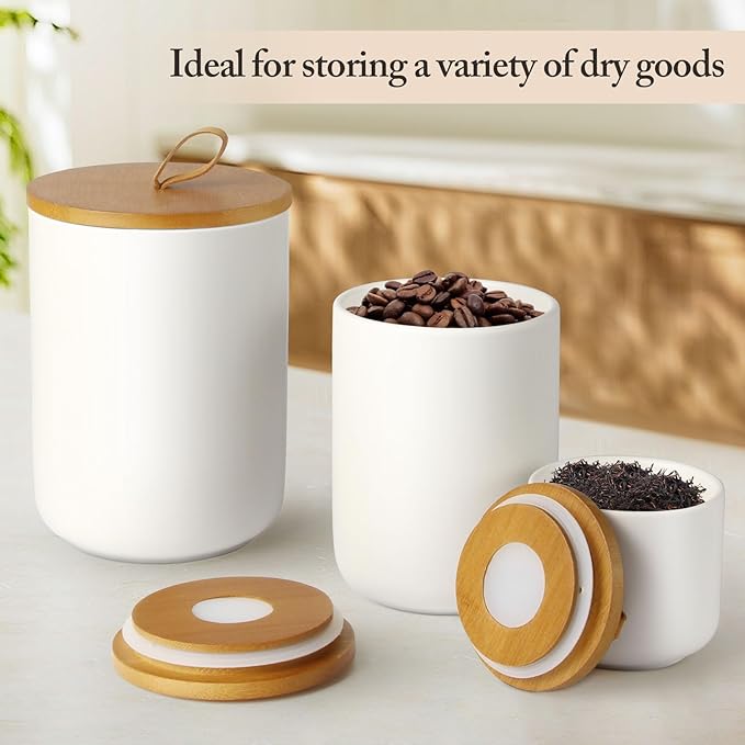3-Piece Ceramic Canisters Sets for The Kitchen, Airtight Kitchen Canisters for Countertop, Modern Coffee Storage Jars for Flour, Sugar, Pasta, Cookies, Tea(White)