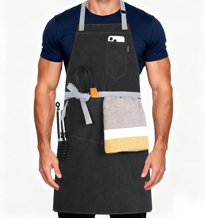 Chef Apron w/Pockets, Adjustable Strap for Cooking & Gardening | Equipped with 3 Large Multi-use Pockets, Wear-Resistant Fabric, Easy Clean, Ideal for BBQ Baking Craft for Men Women by Unknown