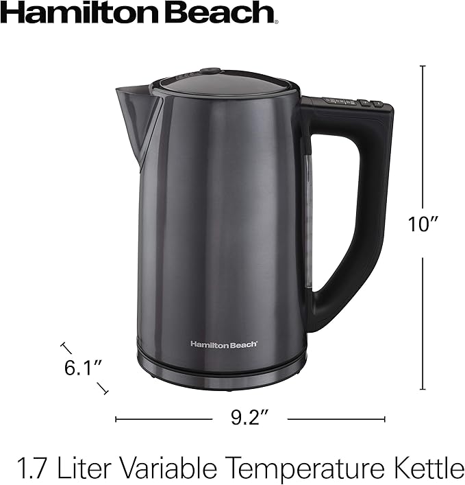 Hamiton Beach 1.7 Liter Variable Temperature Electric Kettle for Tea and Hot Water, Removable Mesh Filter, Cordless, Keep Warm, Auto-Shutoff and Boil-Dry Protection, Black Stainless Steal (41027R)